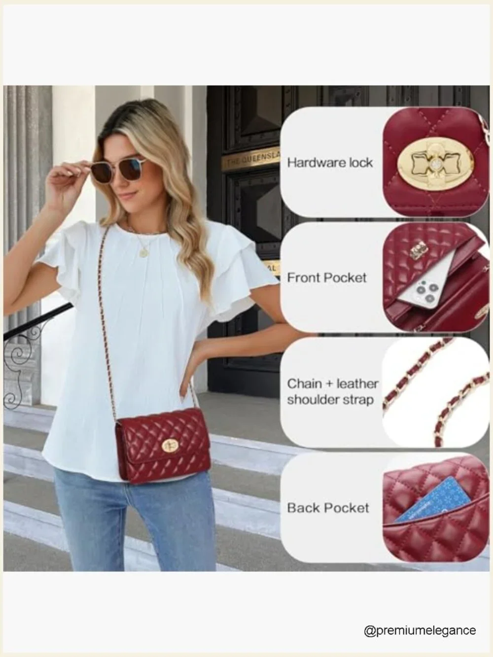 Genuine Leather Quilted Crossbody Bag with Chain Strap